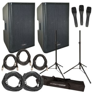 Kingdom 12" Powered Speaker with 2 Pack Indoor - Outdoor Speaker Stand Tripod with Carrying Bag with Dynamic Cardioid Single Handheld Microphone and XLR Cable 