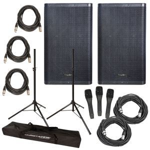 Kingdom Powered 15" 2000W Speaker with 2 Pack Indoor - Outdoor Speaker Stand Tripod with Carrying Bag with Dynamic Cardioid Single Handheld Microphone and XLR Cable