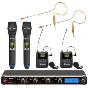 AVTronics Ultimate UHF Wireless Mic System: 200 Channels with 2 Handheld, 2 Belt Pack with Lapel Mics and 2 Ear-Worn