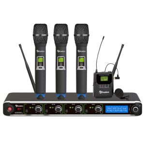 AVTronics Professional Wireless Microphone System – 200-Channel 4-Mic System with 3 Handheld and One Lapel Mic