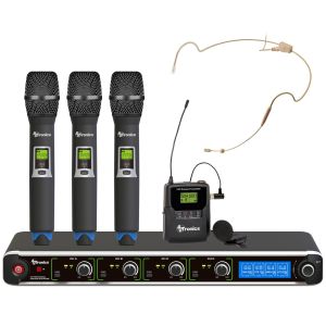 AVTronics 200 Channel 4 Microphone System: 3 Handheld Mics and one Lapel Mic with Professional Dual Headset Mic