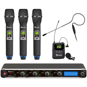 AVTronics Professional Wireless Microphone System – 200-Channel 4-Mic System with 3 Handheld, 1 Lapel Mic and 1 Ear-worn