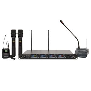 Kingdom V5 Wireless Microphone System with 2 Handhelds, 1 Beltpack with Lapel, and 1 Podium Microphone.