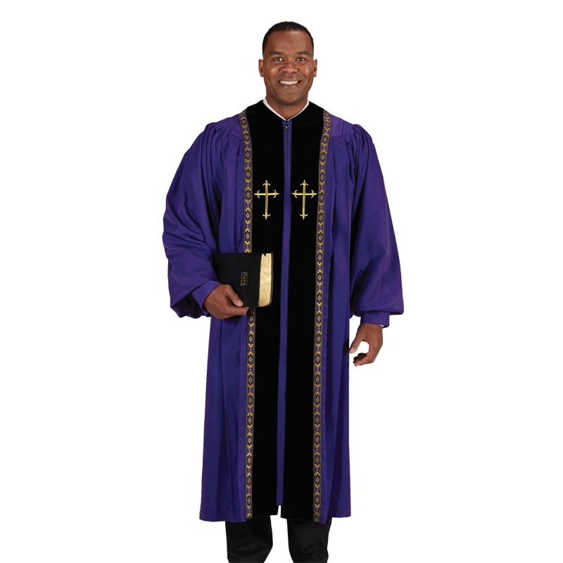 Pulpit Robes Purple Peachskin w/ Black Velvet Panels and trim lace - Medium