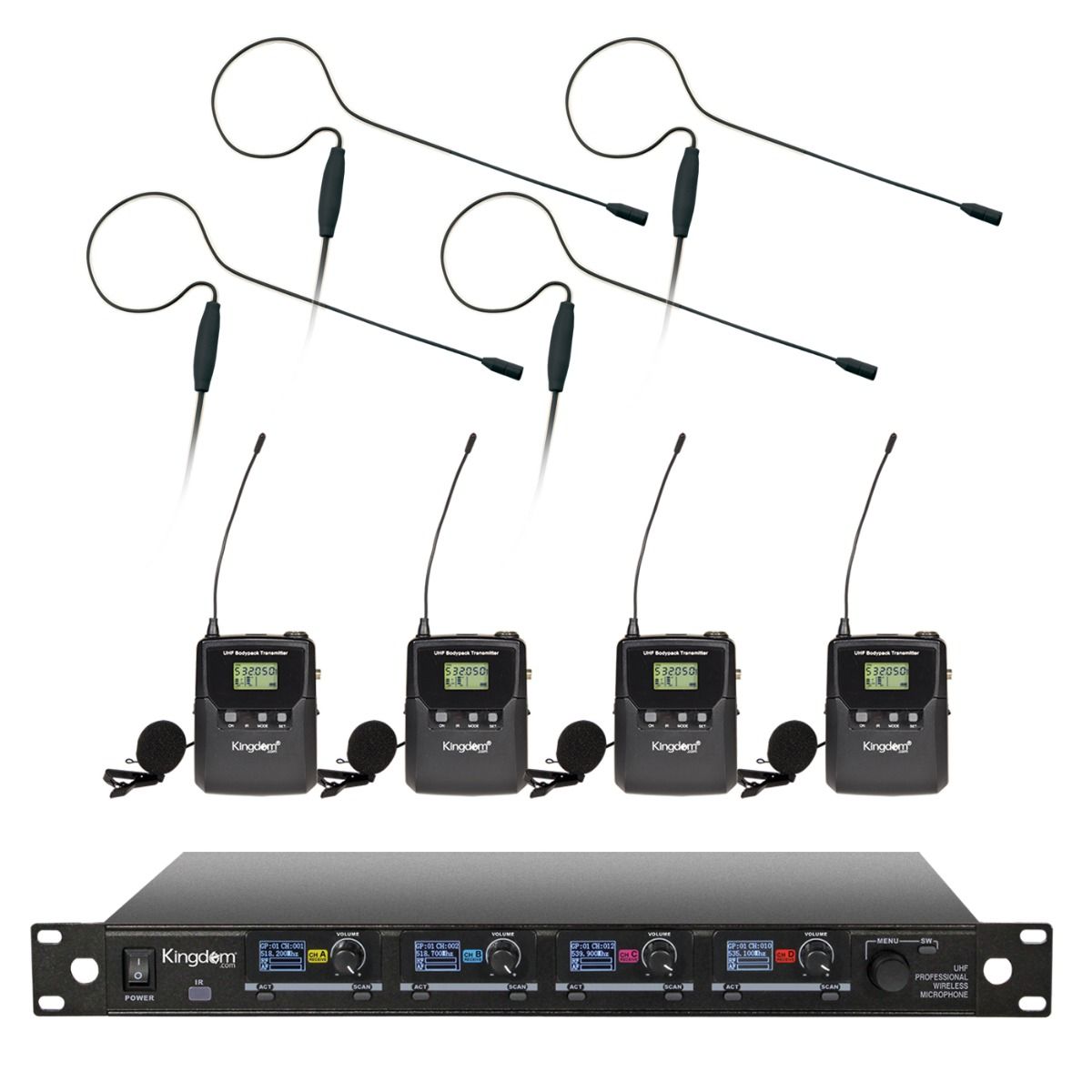 Kingdom V5 Wireless Microphone System with 4 Belt Packs and Black Earworn Microphones